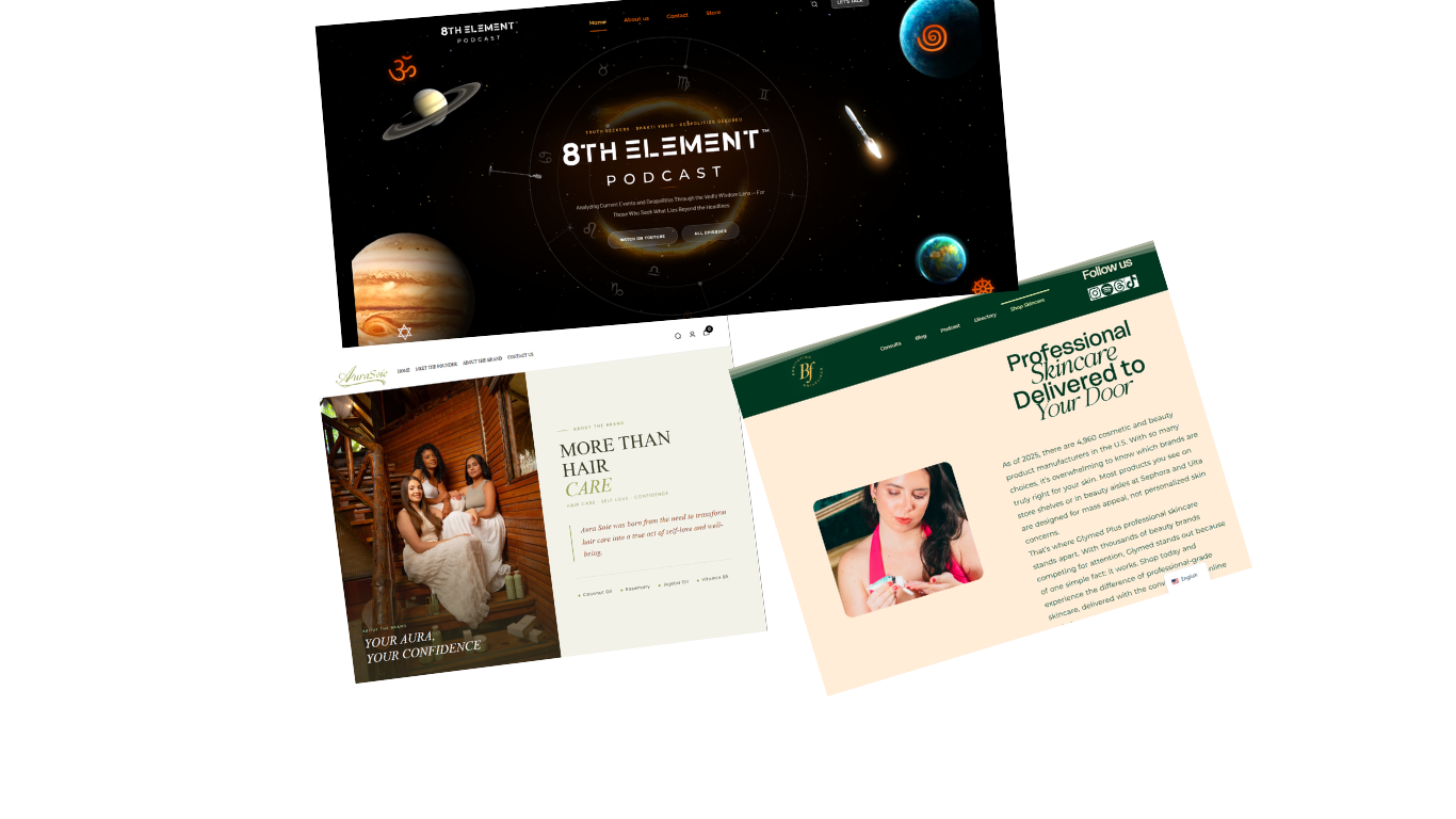 View of two website interfaces with modern and dark design. The first screen shows the title 'Behind the Code' with a rocket and dark background, explaining the origin of a community software project. The second screen presents a platform for finding speakers, with an attractive design, expert photos, and a prominent search button.
